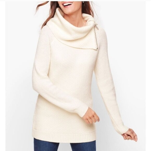 Talbots Large Petite Ribbed Sweater Ivory Asymmetric Side Zip Split Neck NWOT - Picture 1 of 11